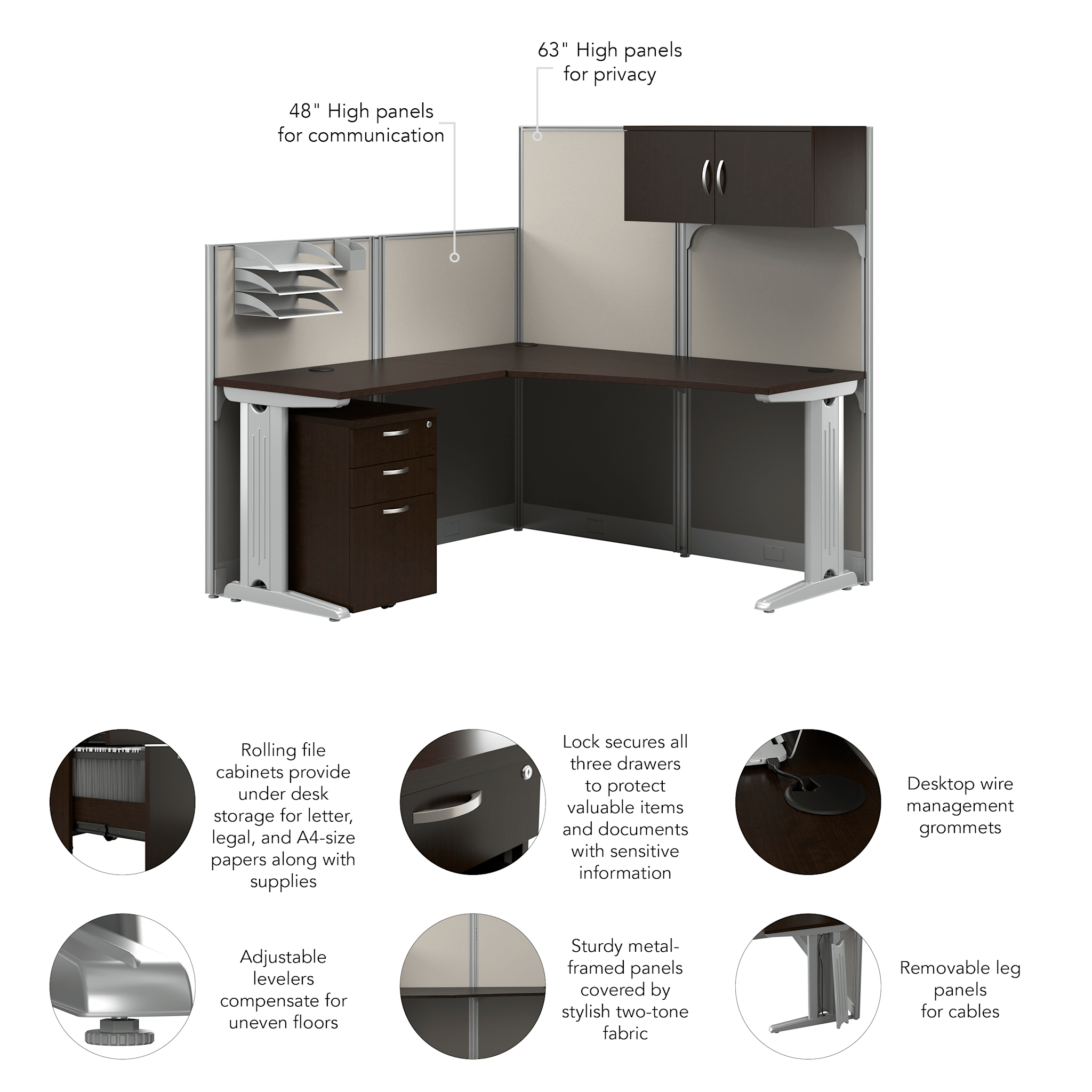 Office in an Hour 65W L Shaped Cubicle Desk with Storage, Drawers, and Organizer — panel 1