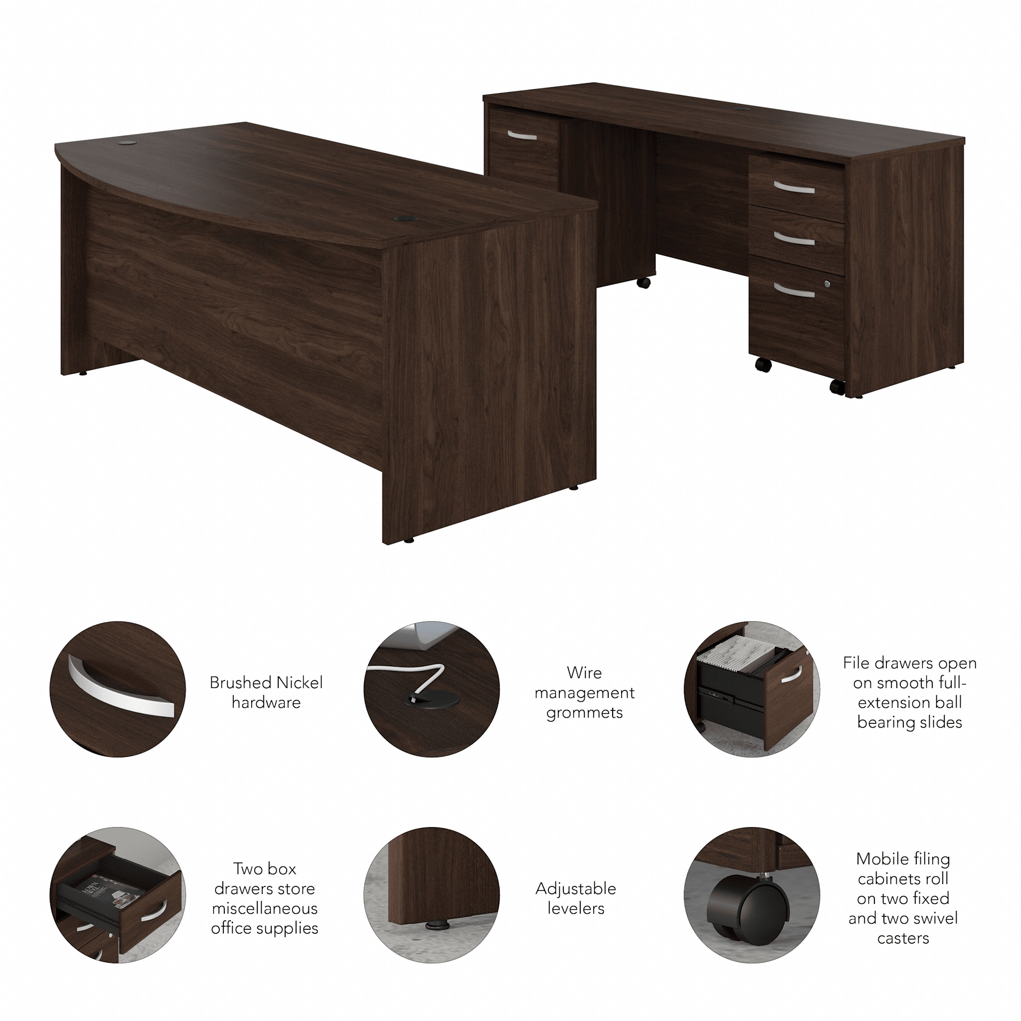 Studio C 72W x 36D Bow Front Desk and Credenza with Mobile File Cabinets — panel 1