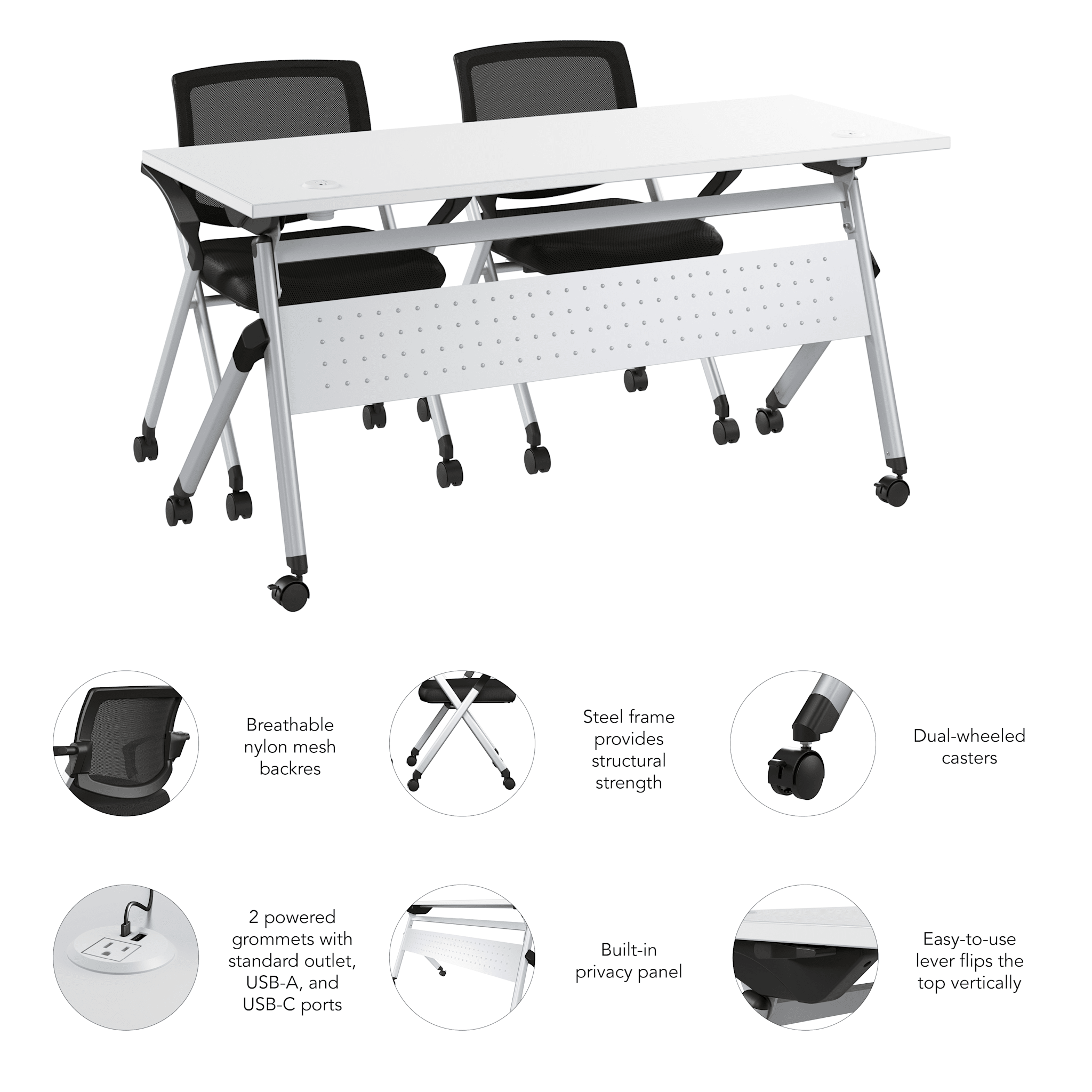 Envision 60W Training Table with Powered Grommets and 2 Chairs with Arms — panel 6