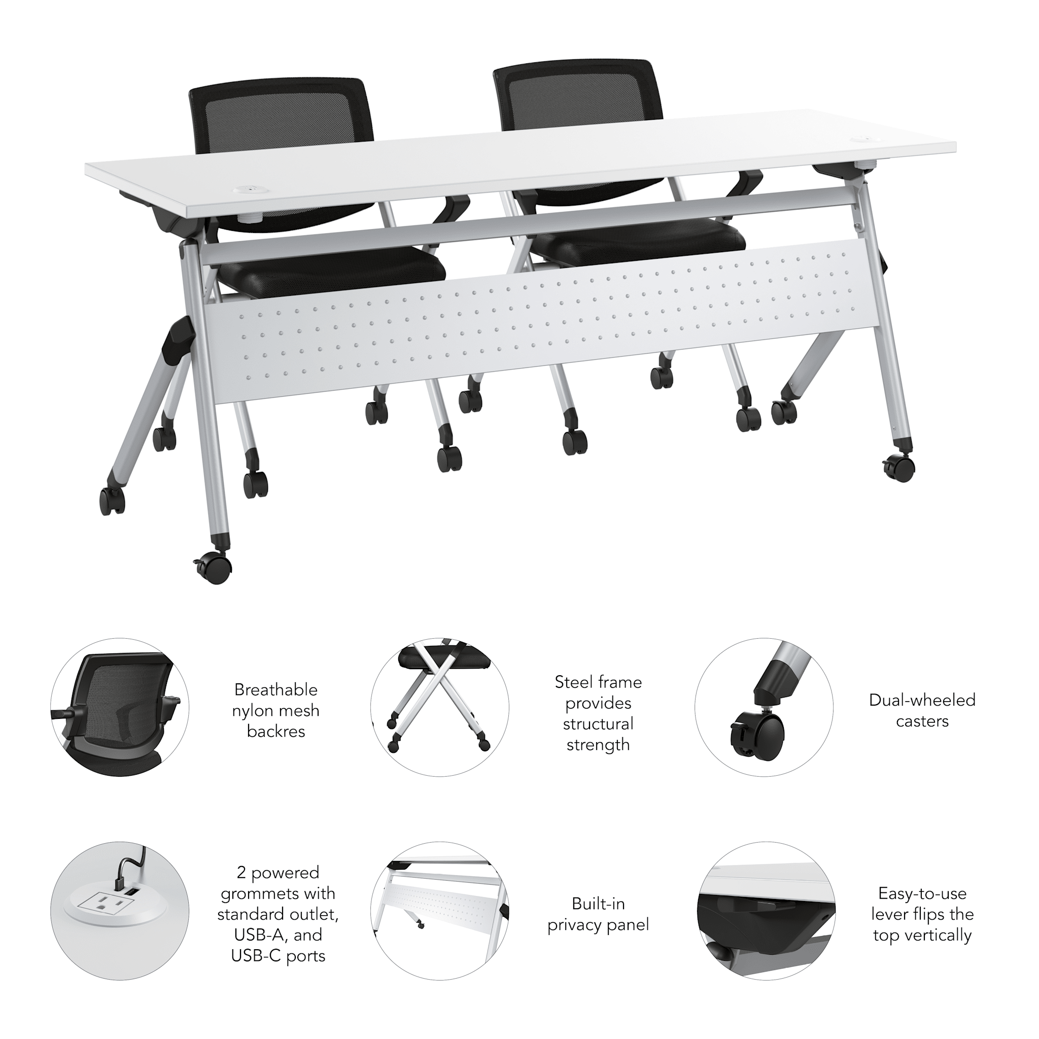 Envision 72W Training Table with Powered Grommets and 2 Chairs with Arms — panel 6
