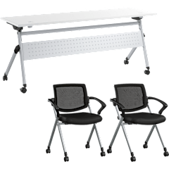 Envision 72W Training Table with Powered Grommets and 2 Chairs with Arms