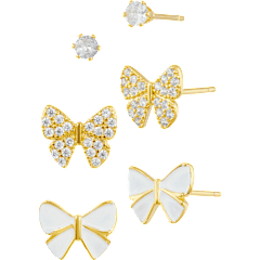 Savvy Cie 3-Piece Pave, Enameled & High Polish Bow Stud Earrings