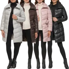 Chaqueta acolchada larga Kenneth Cole con cinturón y cuello alto