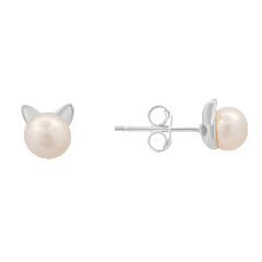 Kylie Harper Sterling Silver Genuine Pearl Kitty Cat Stud Earrings