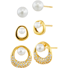 Savvy Cie 3-Pair Pearl Stud Earrings with High Polish & Pave Asymmetric Halo