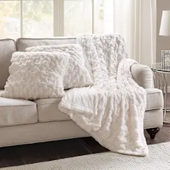 Comfort Spaces Ruched Faux Fur Throw & Pillow Cover Set