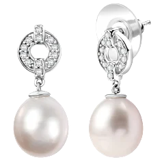 D'Joy Freshwater Pearl & White Zircon Sterling Silver Earrings 0.50ctw