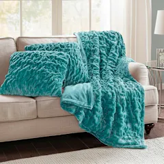 Comfort Spaces Ruched Faux Fur Throw & Pillow Cover Set