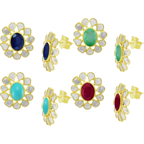 Savvy Cie 18K Gold Vermeil Large Sliced Diamond and Precious Gems Earrings