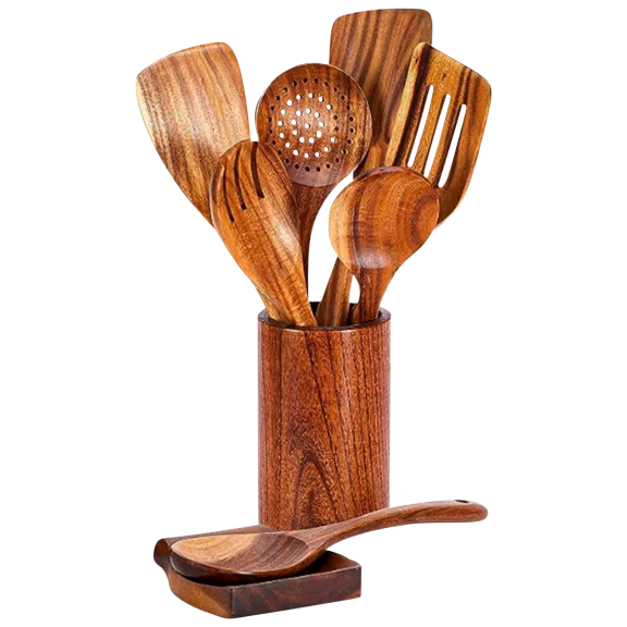 Cheer Collection 9-Piece Wooden Spatula Set With Wooden Holder