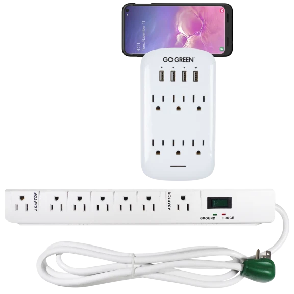 Go Green 7 Outlet 1200 Joules Surge Power Strip + 6 Outlet Wall Plug with 4 USB
