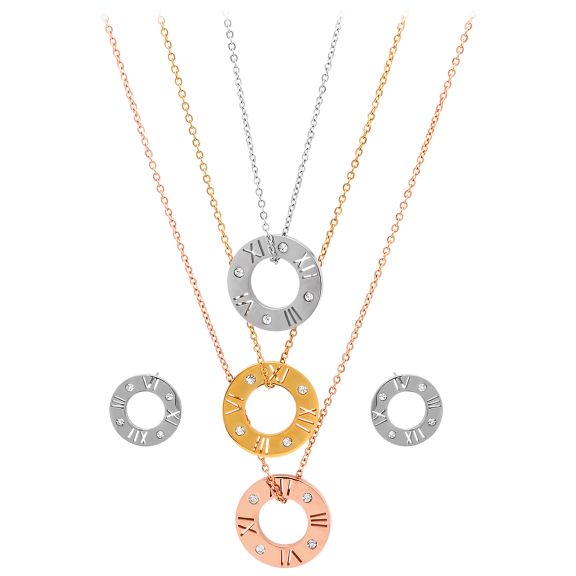 Ladies Roman Numeral 18k Gold, 18k Rose Gold, & Stainless Steel layered Necklace