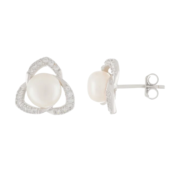 Fancy Silver Pearl Earrings with CZs
