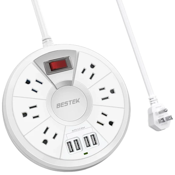 Bestek 6' Extension Cord Travel Power Strip with 4 USB Ports & 6-Outlet