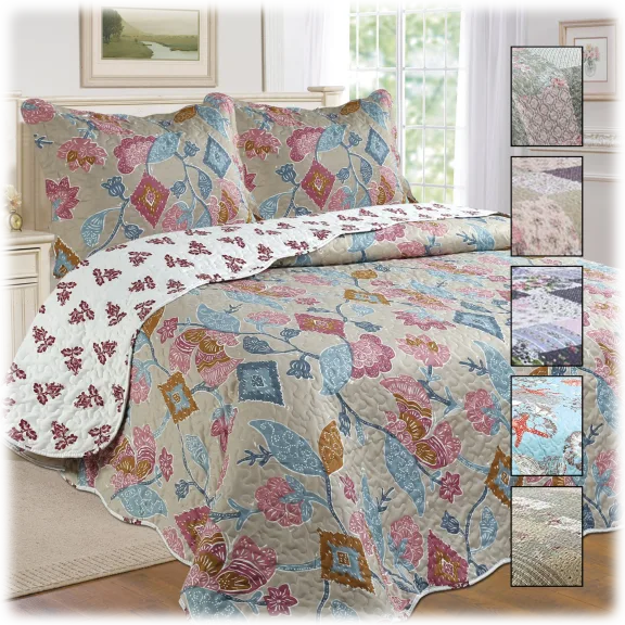 J&V Textiles 3-Piece Reversible Printed Quilt Set