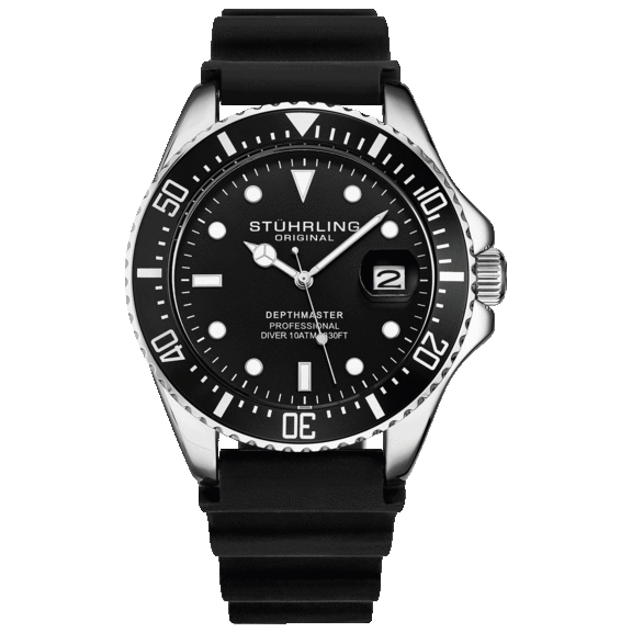 Stührling Men's Quartz Diver Watch with Silver Case and Rubber Strap Watch