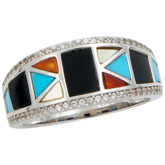 Savvy Cie Sterling Silver And Genuine Inlay Gemstone Band