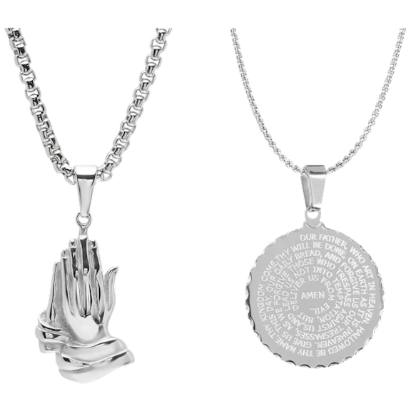 Steeltime Men's Prayer Hands & Round Pendant Necklace Set