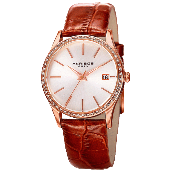 Akribos Women’s Swarovski Crystal Date Genuine Leather Strap Watch