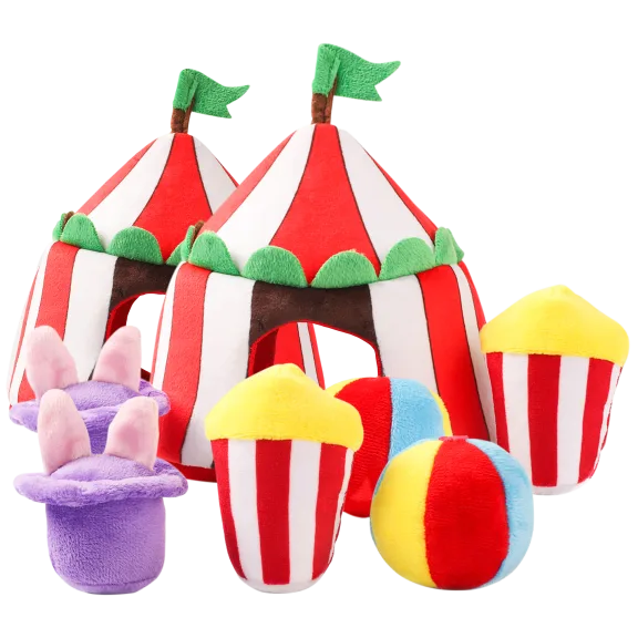2-Pack: HugSmart 3-In-1 Squeaky Hide & Seek Plush Dog Toys (Happy Circus)