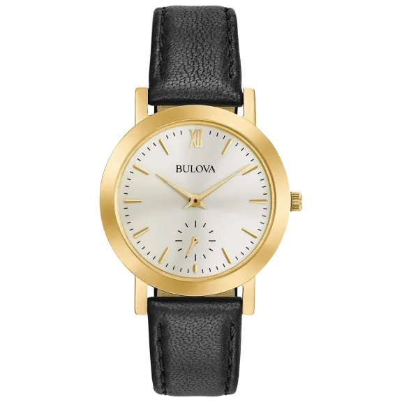 Bulova Quartz Classic Gold-Tone Ladies Watch in Black Leather