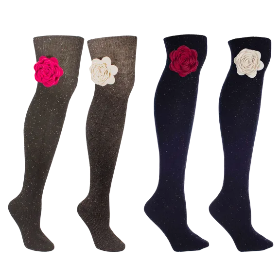 MinxNY Speckled Wool Knee-high Boot Socks with Rose Detail
