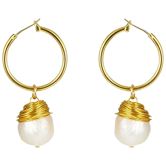 Hollywood Sensation Small Gold Hoop Earrings with Drop Baroque Freshwater Pearls