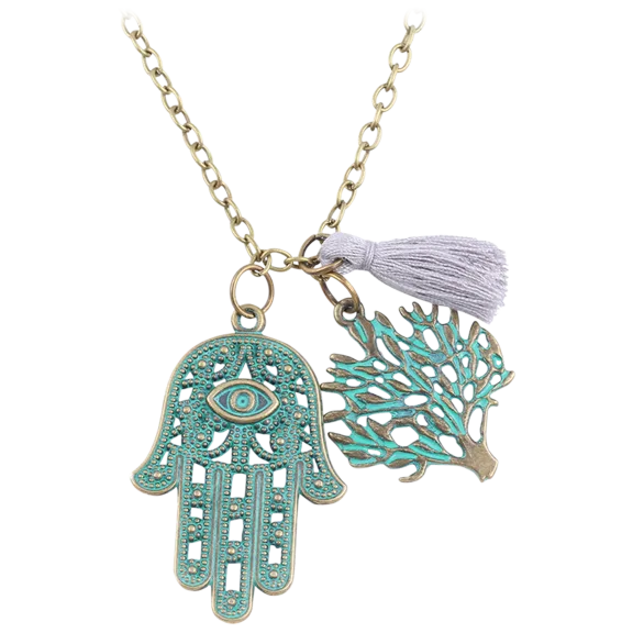 Golden NYC Jewelry 2-Piece Blue Turquoise Cedar Tree & Hamsa Pendant Necklace