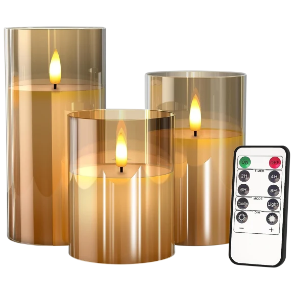 3-Piece Glass LED Real Flame-Effect Wax Candles Set