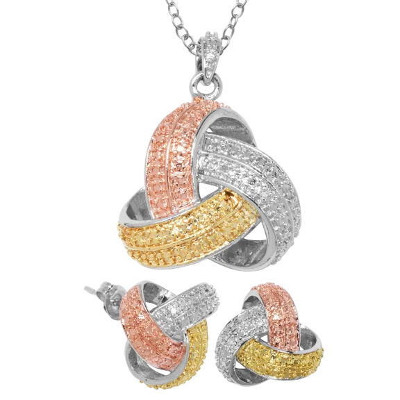 Tri-tone Love Knot Earring & Necklace Set with Diamond Accent