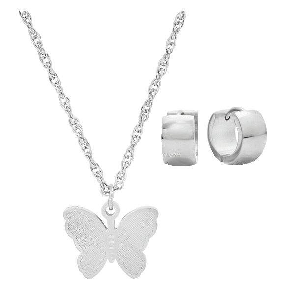 SteelTime Stainless Steel Butterfly Pendant and Thick Huggie Earring Set