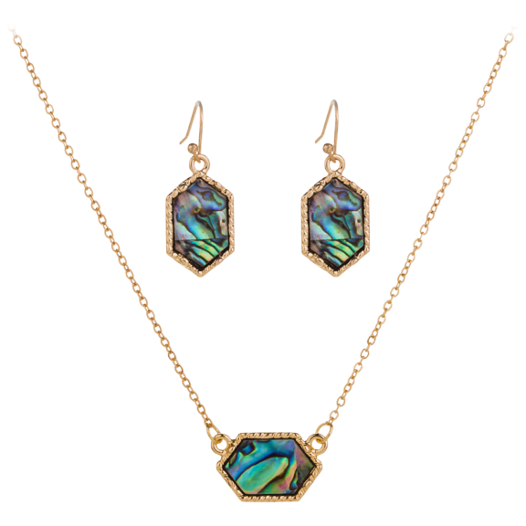 Hollywood Sensation Dainty Hexagon Necklace with Abalone Pendant Earrings