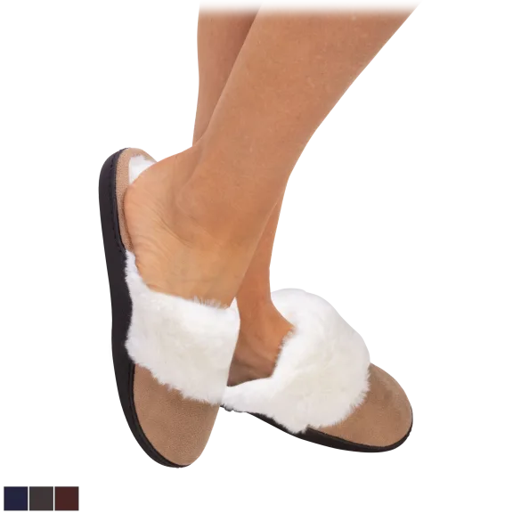 Laura Ashley Ladies Micro Suede with Plush Trim and Memory Foam Slippers