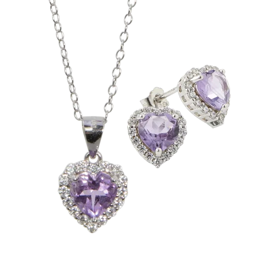Diamond Muse 2-Piece Set Heart Amethyst & Cubic Zirconia Halo in Sterling Silver