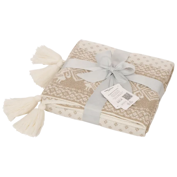 Glitzhome 60"Lx50"W Knitted Acrylic Beige Gold Lurex Throw Blanket with Tassels
