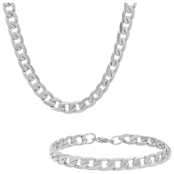 Steeltime Men's Cuban Link Necklace & Bracelet Set