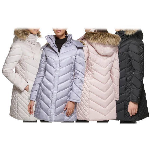 Kenneth Cole Mid-Length Chevron Quilted Puffer Jacket with Faux Fur Trim