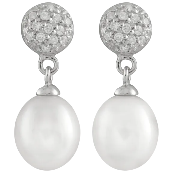 Splendid Pearls Dangling CZ Freshwater Pearl Earrings 8-8.5mm