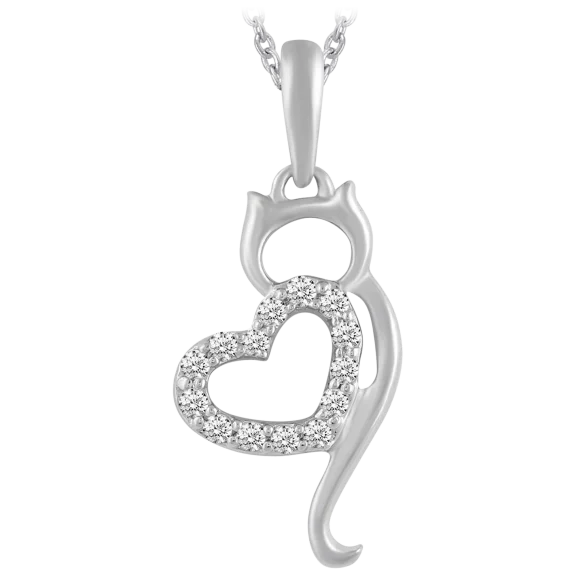 Fifth and Fine KGS 1/20 Carat Sterling Silver Diamond Cat Heart Pendant Necklace