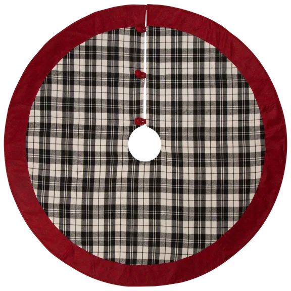 Glitzhome 48"D Black & White Plaid Fabric Christmas Tree Skirt with Red Trim