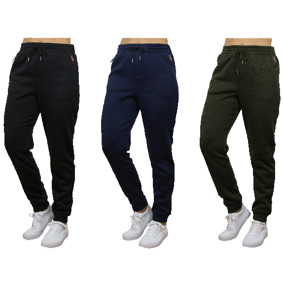 3-Pack: Women's Loose-Fit Marled Fleece Joggers With Zipper Side Pockets