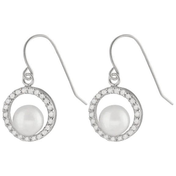 Splendid Pearls Dangling CZ Freshwater Pearl Earrings 7-7.5mm