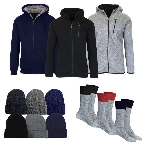 5-Piece: Men's Cold Weather Set (Sherpa Lined Hoodie, Hat, Thermal Socks)