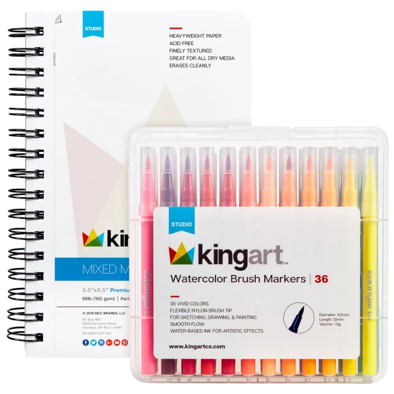 KingArt 36 Watercolor Brush Markers and  9"x12" 60 Page Mixed Media Paper Pad