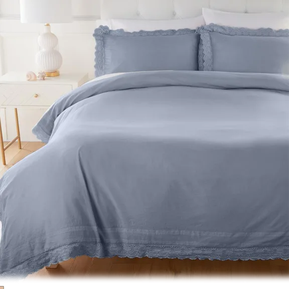 Clover By Jo Stone Washed Cotton 3-Piece Duvet Cover Set with Lace Trim