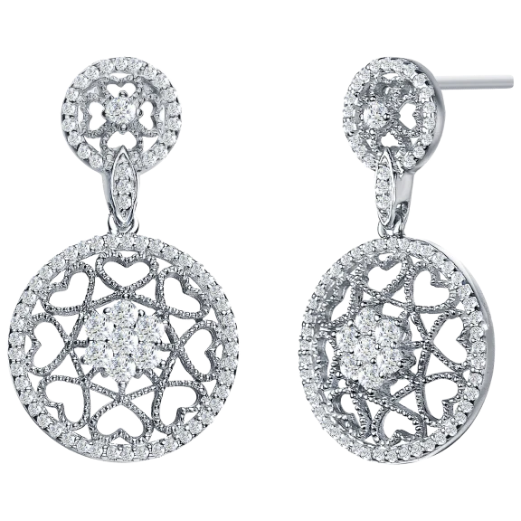 Genevive Sterling Silver Cubic Zirconia Heart Design Drop Earrings