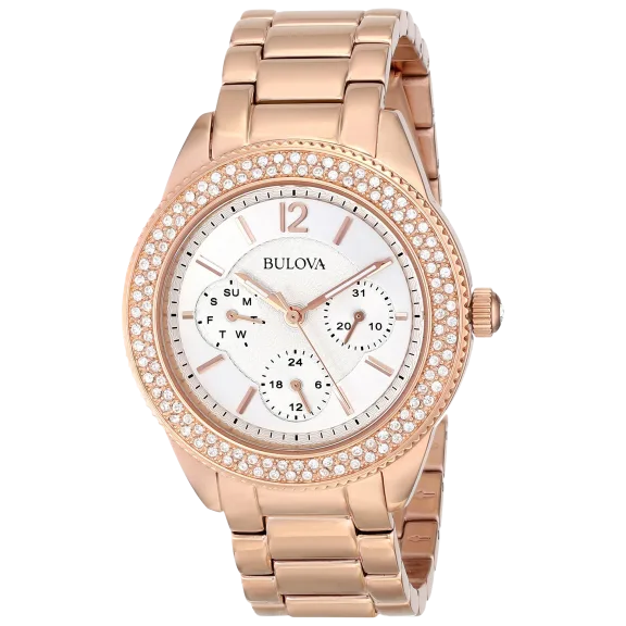 Bulova Quartz Swarovski Crystals Rose Gold-Tone Ladies Watch in Stainless Steel