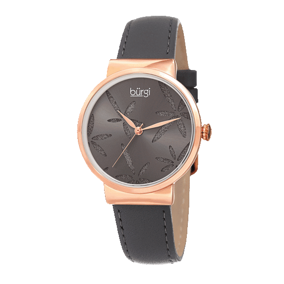 Burgi Sparkling Floral Leather Strap Watch