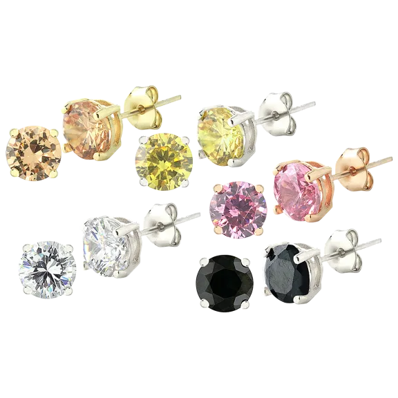 Designs by FMC 5-Pack: 14K Gold and Rhodium Plated Colored CZ Stud Earrings