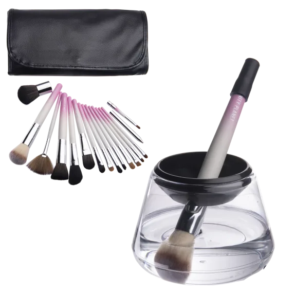 ProNoir Electric Makeup Brush Cleaner with Vanity Planet 15-Piece Brush Set
